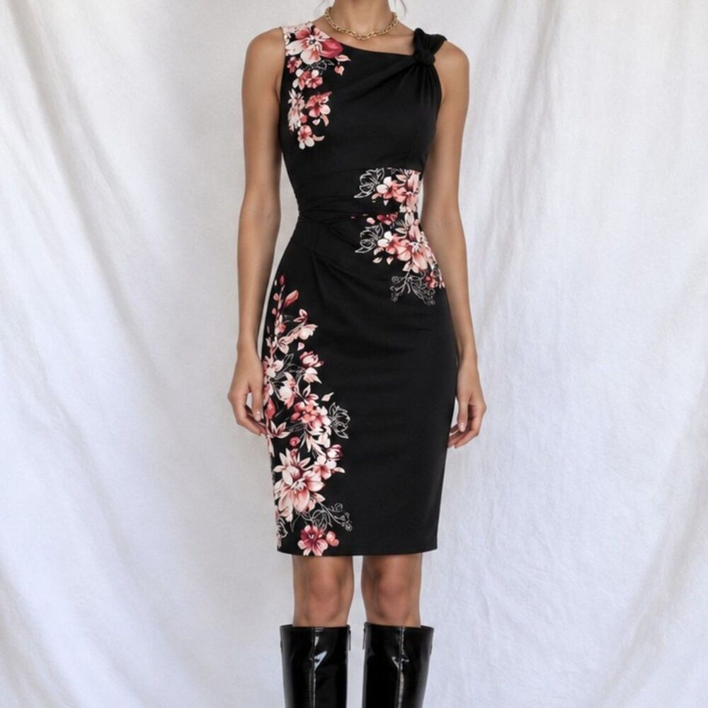 Vintage Y2K Black Knit Floral Print Knee Length Bodycon Cocktail Dress Size M